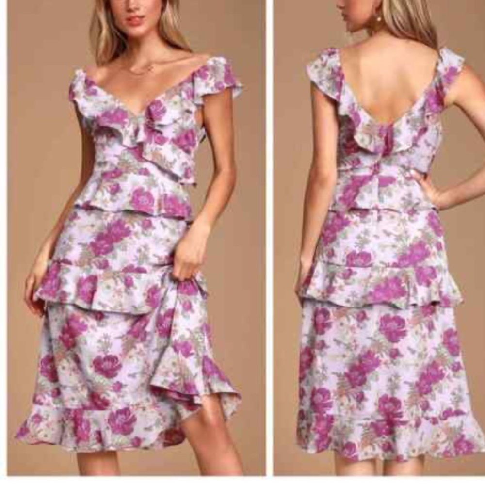 Lulu’s Fleur-Evermore Purple Tiered Floral Print Ruffle Midi Dress